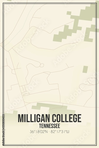 Retro US city map of Milligan College, Tennessee. Vintage street map. photo