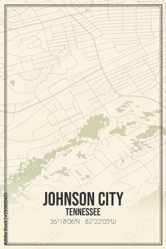 Retro US city map of Johnson City  Tennessee. Vintage street map.