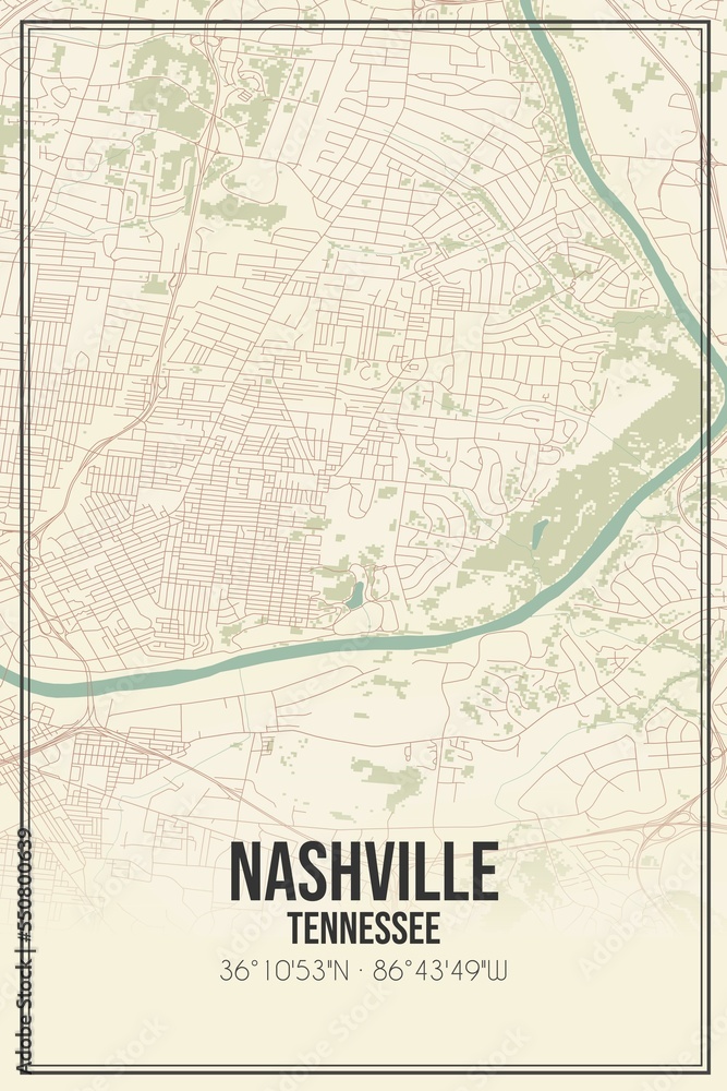 Fototapeta premium Retro US city map of Nashville, Tennessee. Vintage street map.