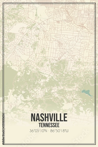 Fototapeta Naklejka Na Ścianę i Meble -  Retro US city map of Nashville, Tennessee. Vintage street map.