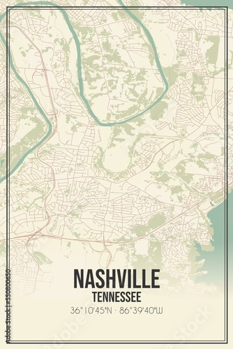 Retro US city map of Nashville  Tennessee. Vintage street map.