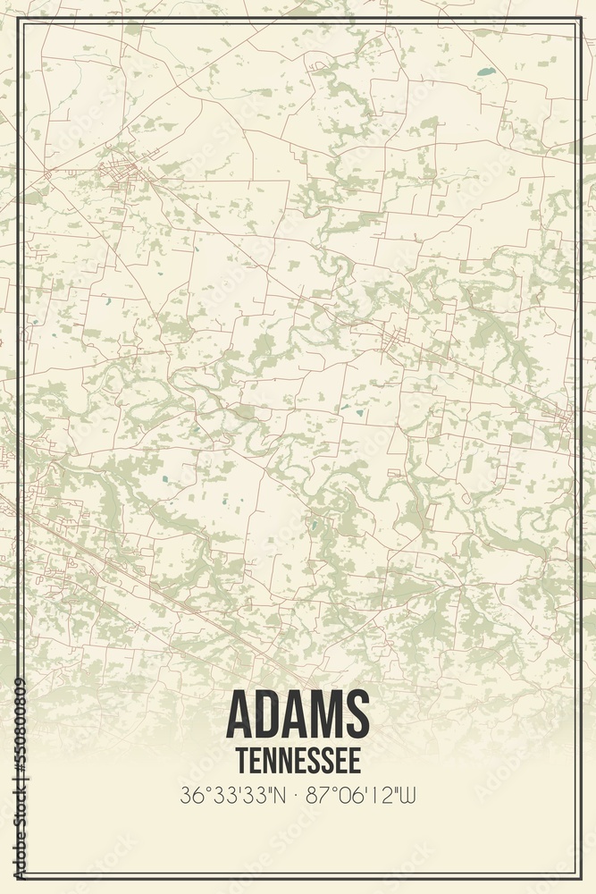 Retro US city map of Adams, Tennessee. Vintage street map.