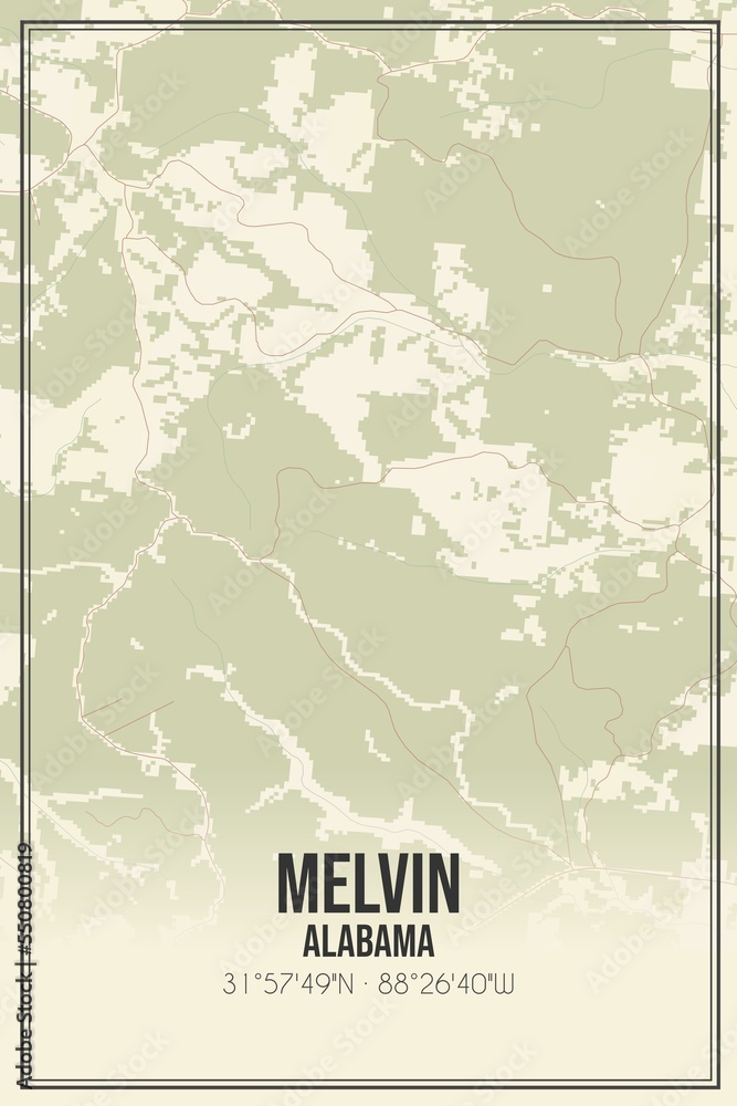 Retro US city map of Melvin, Alabama. Vintage street map.