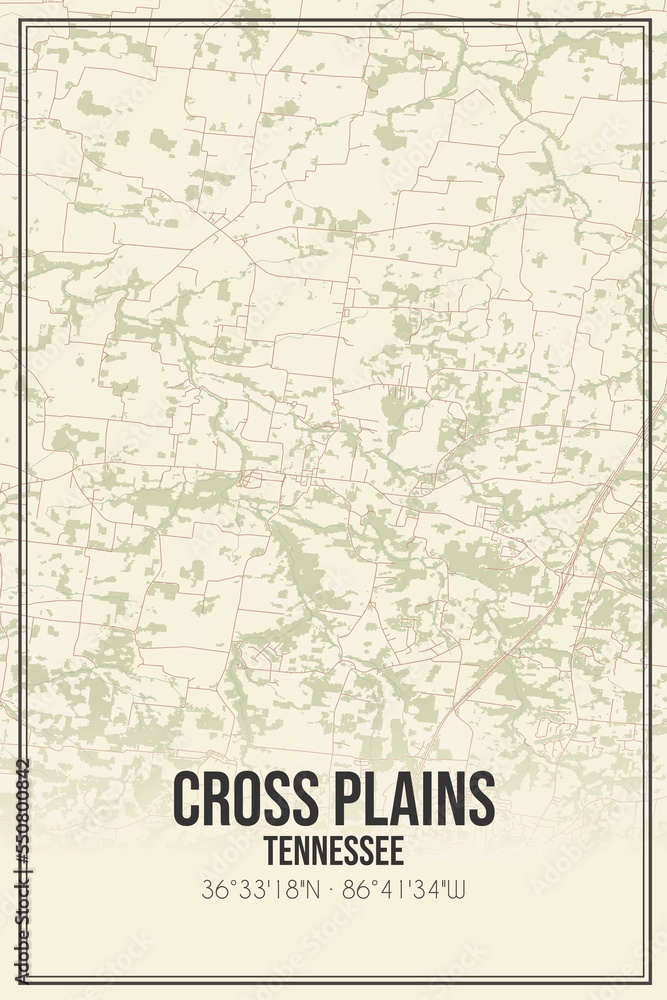Retro US city map of Cross Plains, Tennessee. Vintage street map.