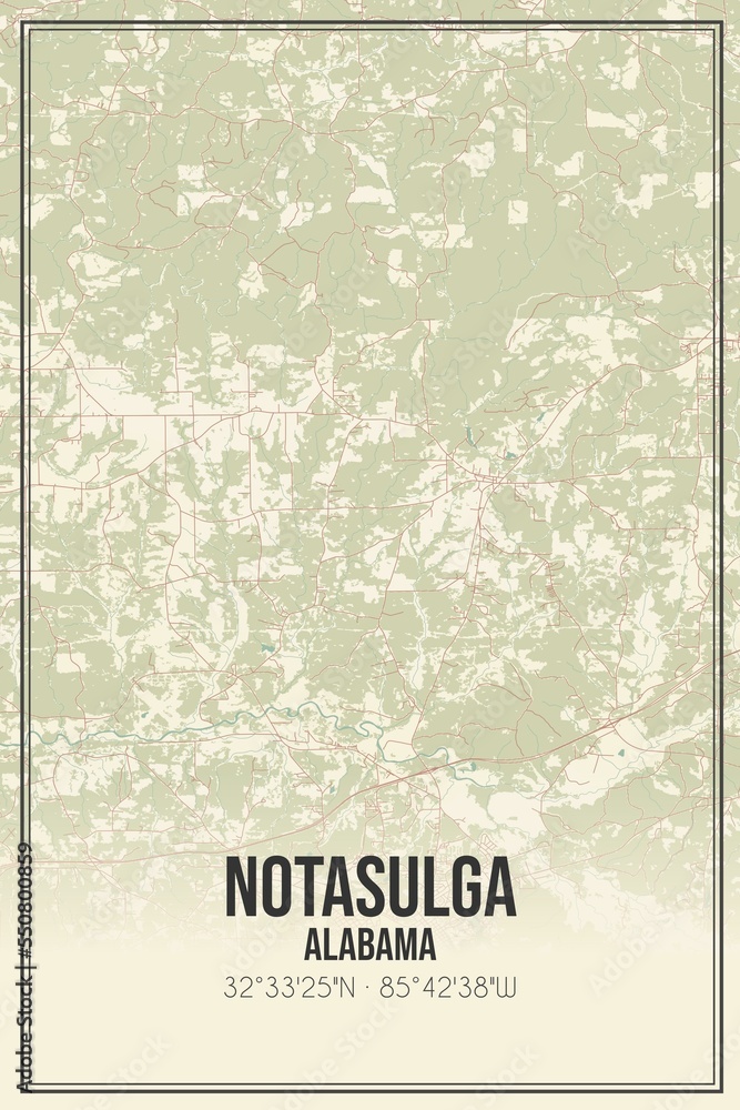 Retro US city map of Notasulga, Alabama. Vintage street map. Stock