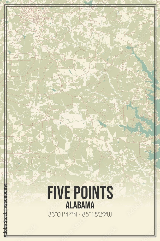 Retro US city map of Five Points, Alabama. Vintage street map.