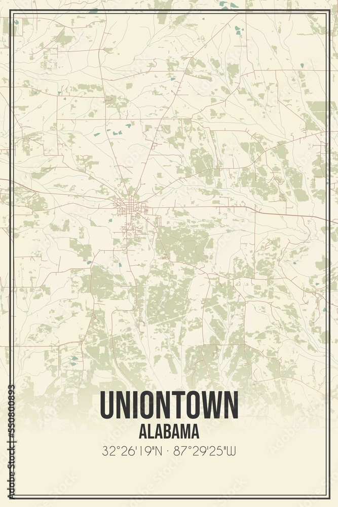 Retro US city map of Uniontown, Alabama. Vintage street map.