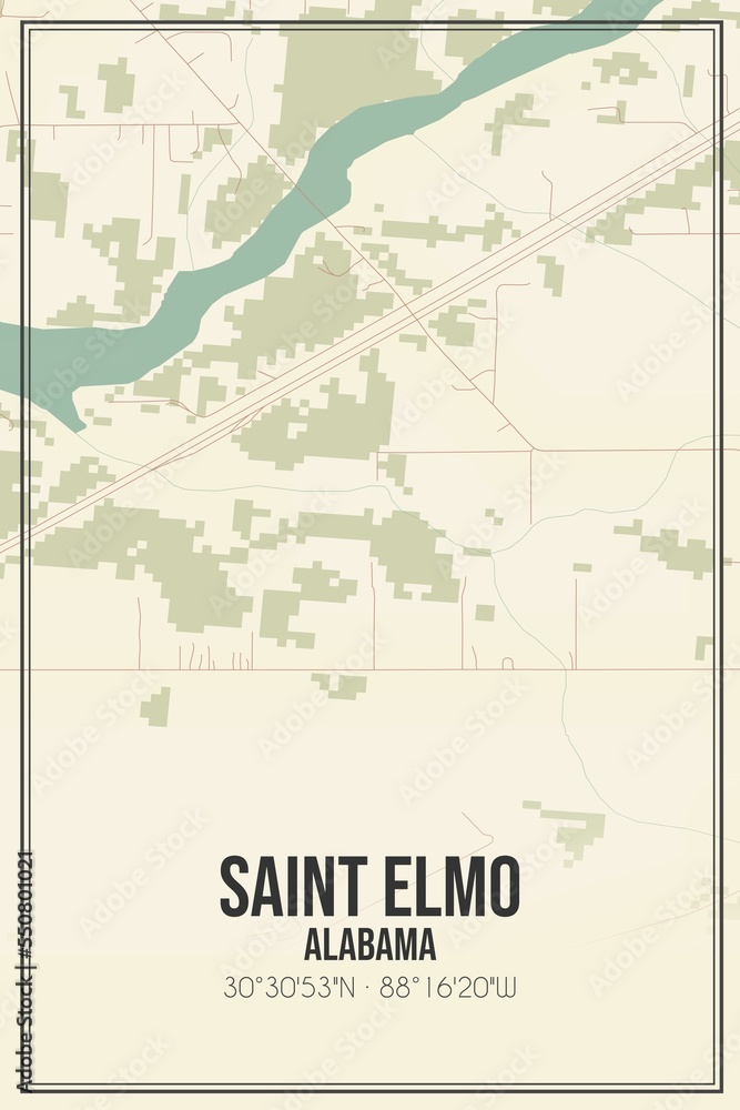 Retro US city map of Saint Elmo, Alabama. Vintage street map.