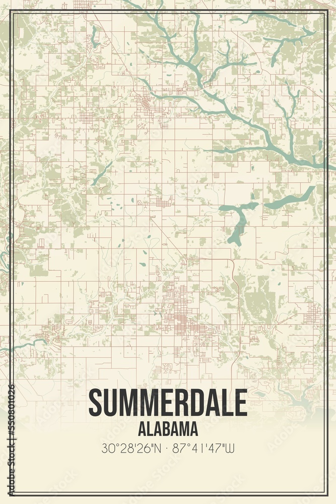 Retro US city map of Summerdale, Alabama. Vintage street map.