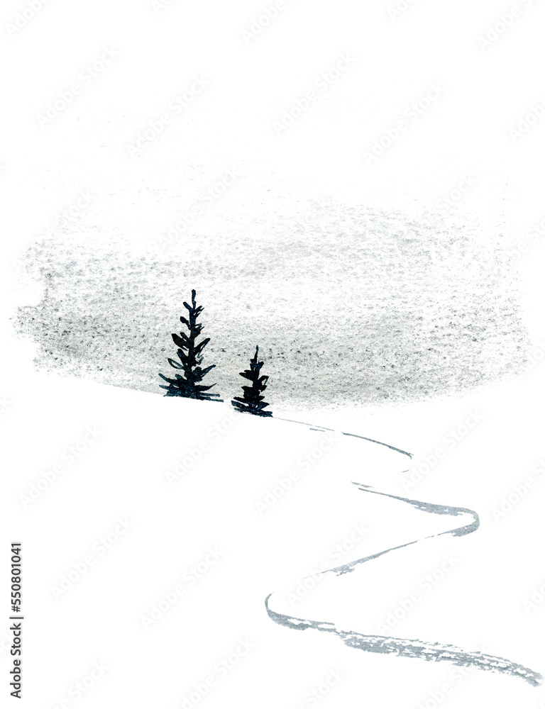 Fototapeta premium Watercolor hand painted illustration of pines in blue and gray colors.
