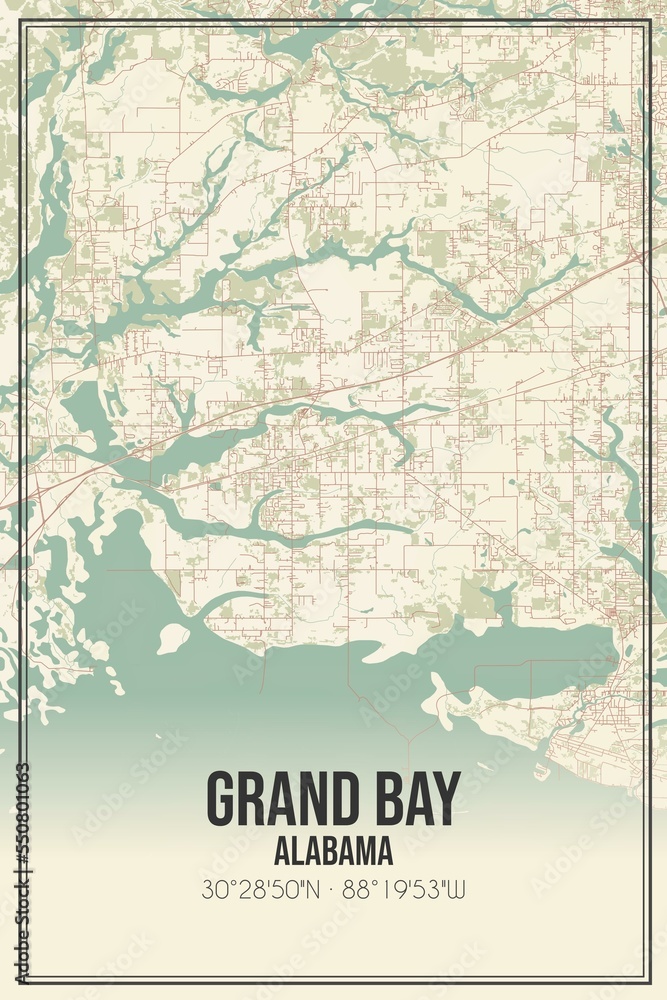 Retro US city map of Grand Bay, Alabama. Vintage street map.