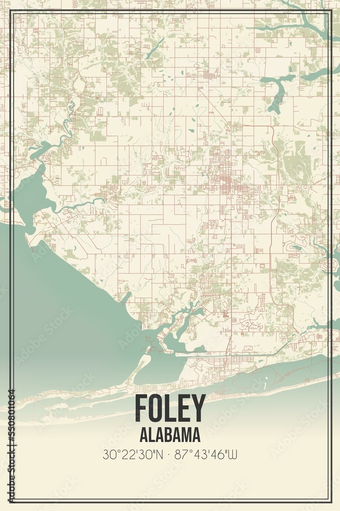 Retro US city map of Foley, Alabama. Vintage street map.