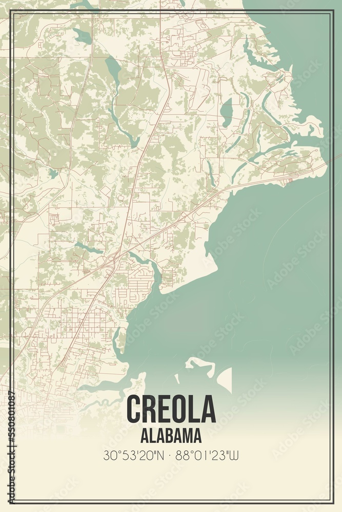 Retro US city map of Creola, Alabama. Vintage street map.