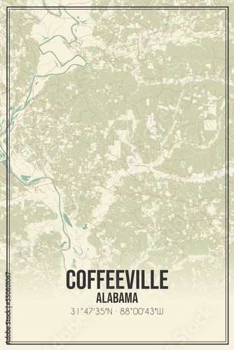 Retro US city map of Coffeeville  Alabama. Vintage street map.