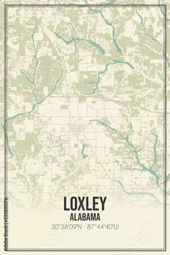 Retro US city map of Loxley, Alabama. Vintage street map.