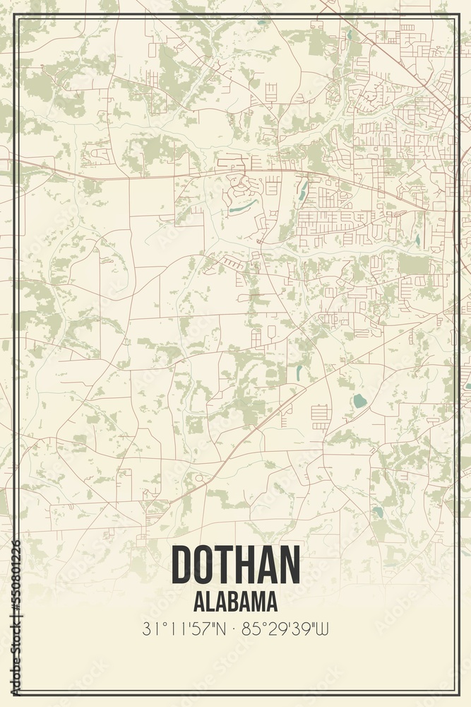 Retro US city map of Dothan, Alabama. Vintage street map.