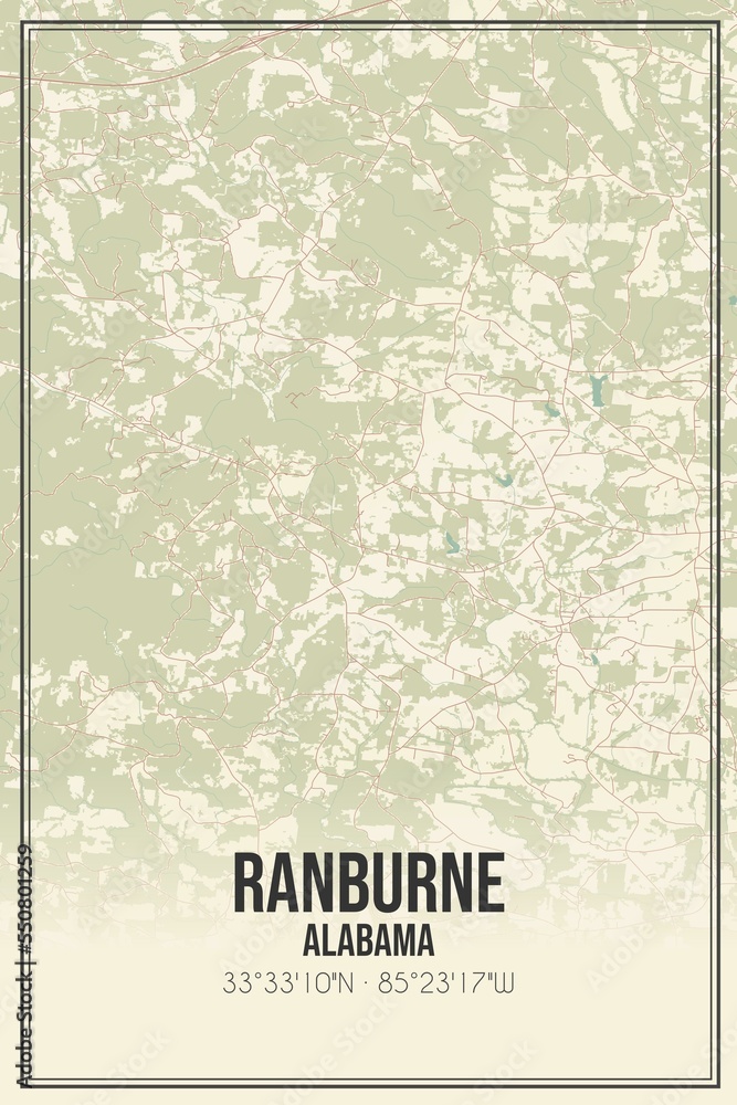 Retro US city map of Ranburne, Alabama. Vintage street map.