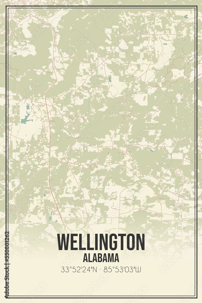 Retro US city map of Wellington, Alabama. Vintage street map.