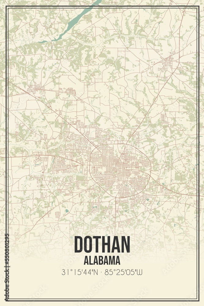 Retro US city map of Dothan, Alabama. Vintage street map.