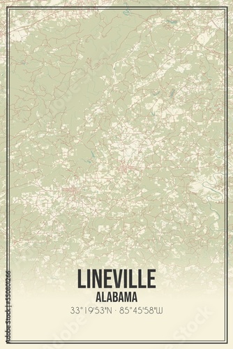 Retro US city map of Lineville, Alabama. Vintage street map. photo