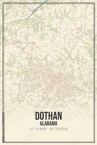 Retro US city map of Dothan  Alabama. Vintage street map.