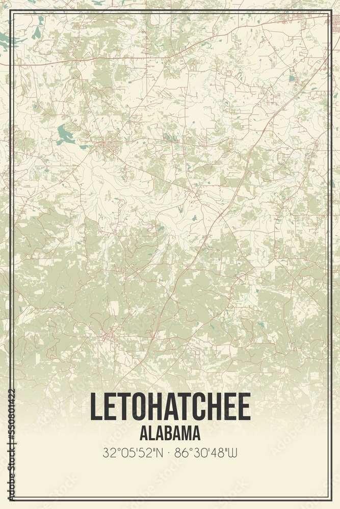 Retro US city map of Letohatchee, Alabama. Vintage street map.