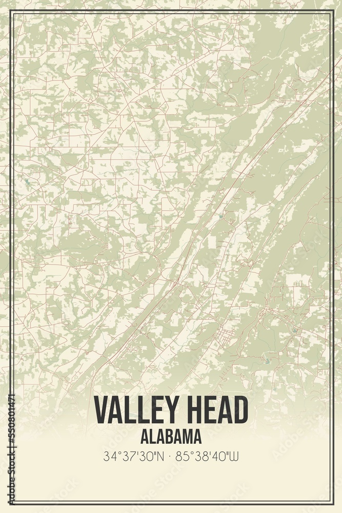 Retro US city map of Valley Head, Alabama. Vintage street map.