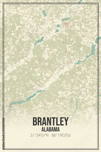 Retro US city map of Brantley, Alabama. Vintage street map.