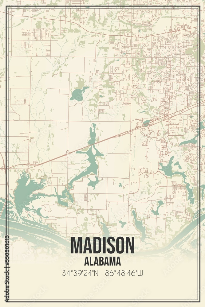 Retro US city map of Madison, Alabama. Vintage street map.