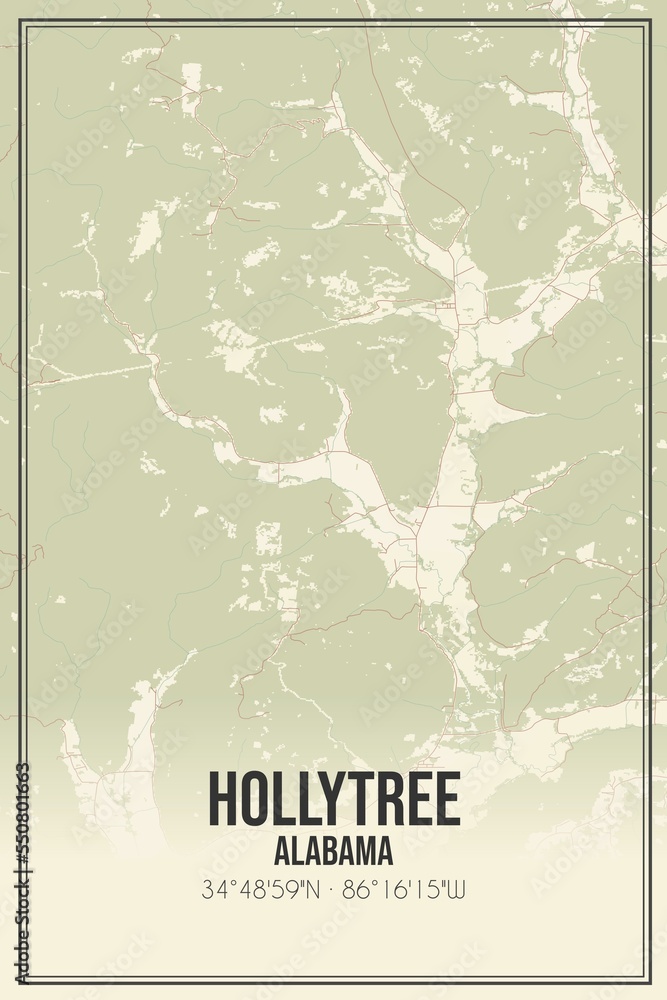 Retro US city map of Hollytree, Alabama. Vintage street map.