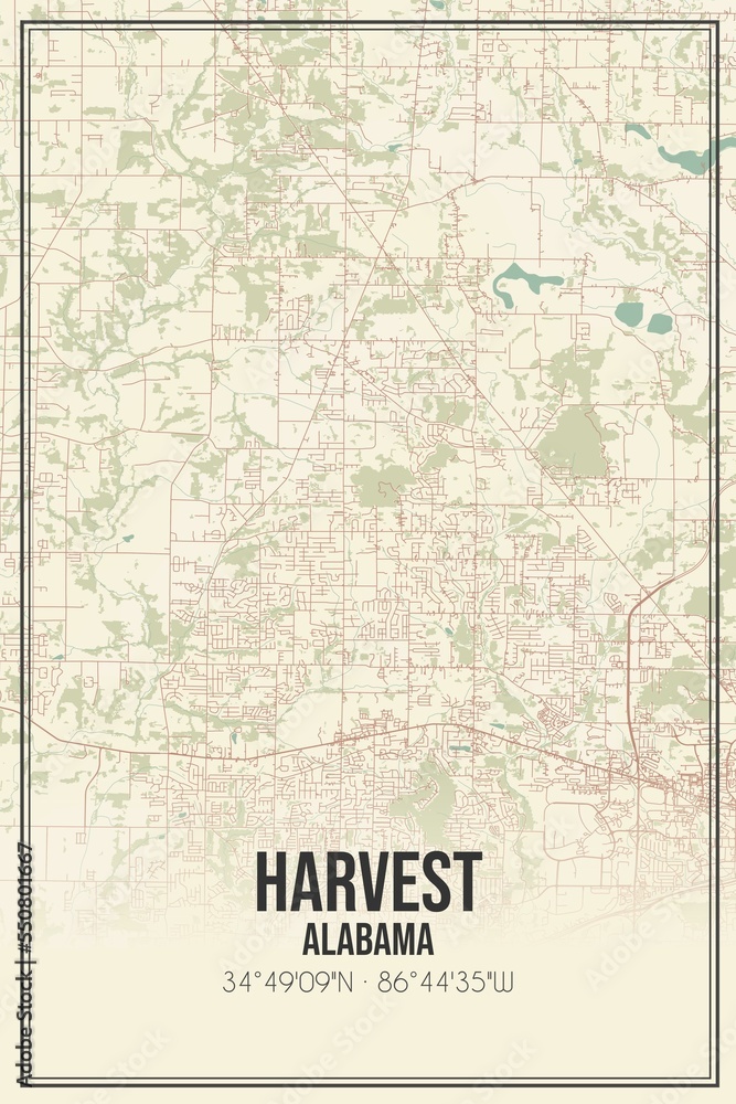 Retro US city map of Harvest, Alabama. Vintage street map.