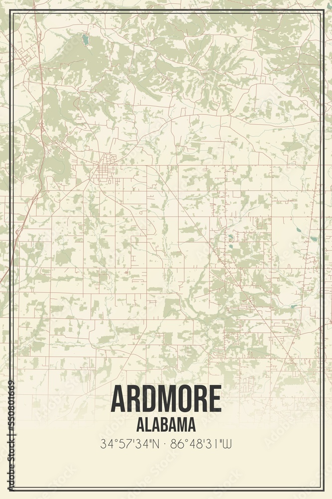 Retro US city map of Ardmore, Alabama. Vintage street map.