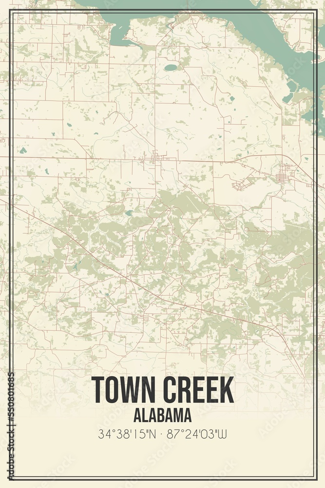 Retro US city map of Town Creek, Alabama. Vintage street map.