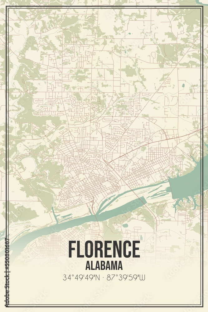 Fototapeta premium Retro US city map of Florence, Alabama. Vintage street map.