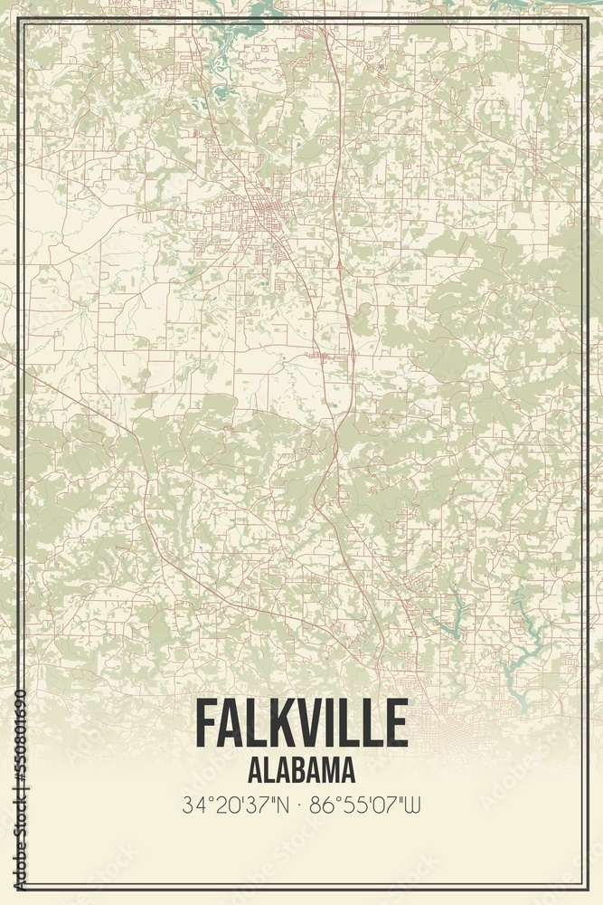 Retro US city map of Falkville, Alabama. Vintage street map.