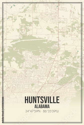 Retro US city map of Huntsville  Alabama. Vintage street map.