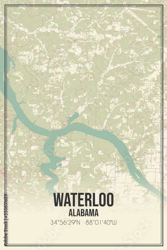 Retro US city map of Waterloo, Alabama. Vintage street map.