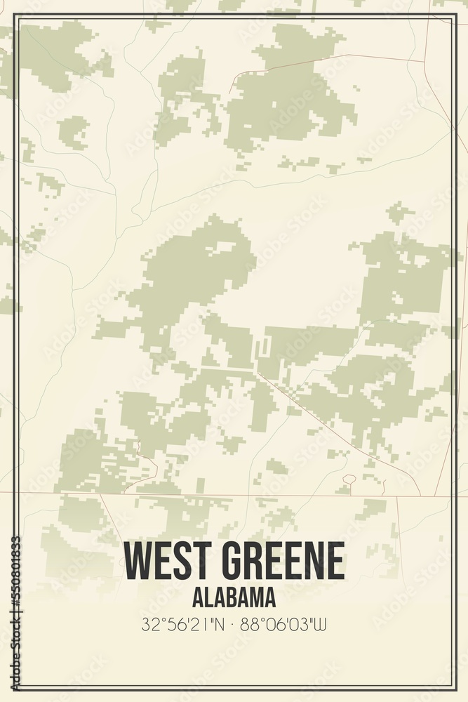 Retro US city map of West Greene, Alabama. Vintage street map.