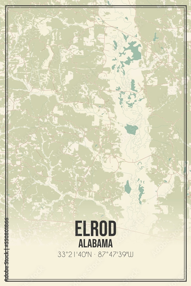 Retro US city map of Elrod, Alabama. Vintage street map.