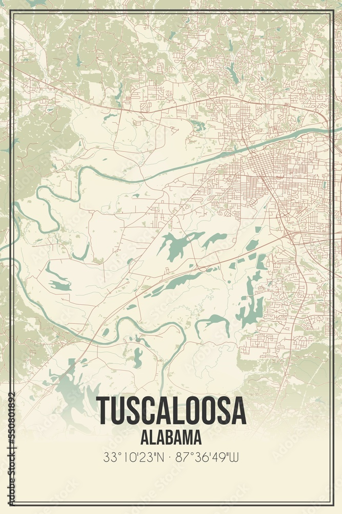 Retro US city map of Tuscaloosa, Alabama. Vintage street map.