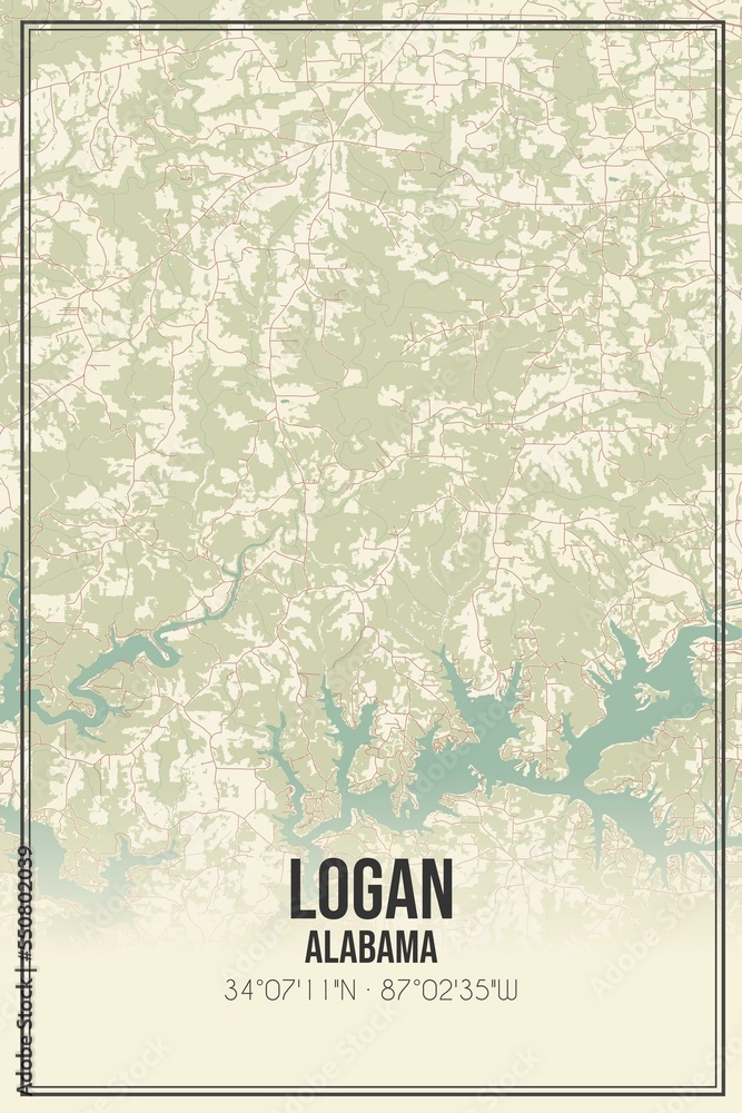 Retro US city map of Logan, Alabama. Vintage street map.
