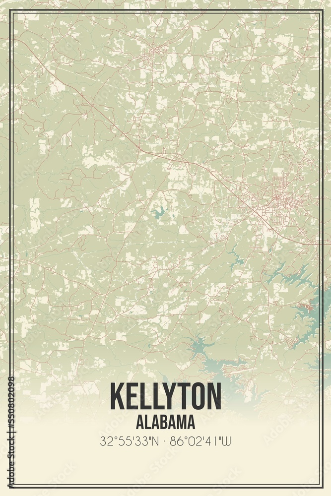 Retro US city map of Kellyton, Alabama. Vintage street map.
