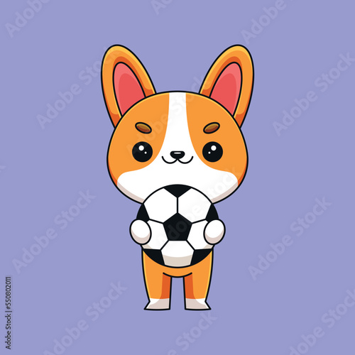 cute corgi holding soccer ball cartoon mascot doodle art hand drawn concept vector kawaii icon illustration