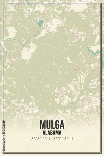 Retro US city map of Mulga, Alabama. Vintage street map.