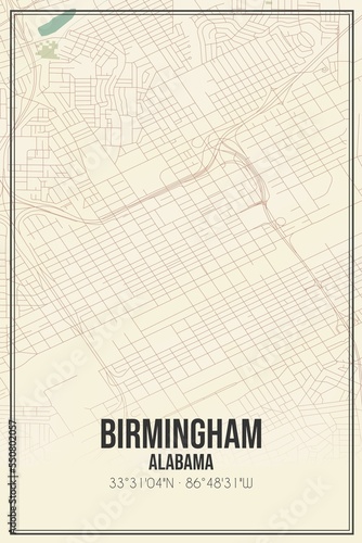 Retro US city map of Birmingham  Alabama. Vintage street map.