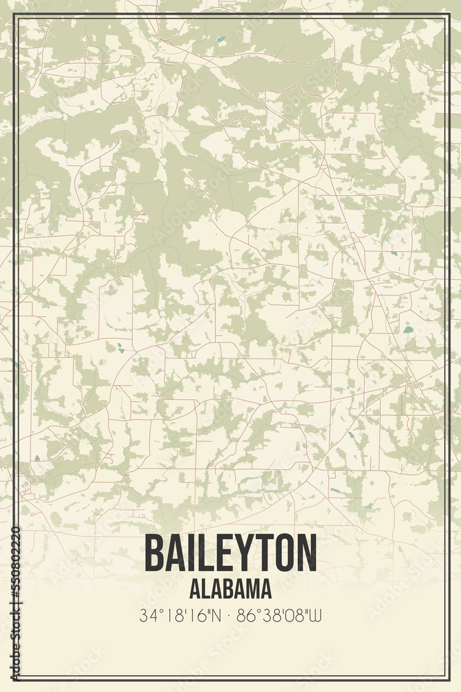 Retro US city map of Baileyton, Alabama. Vintage street map.