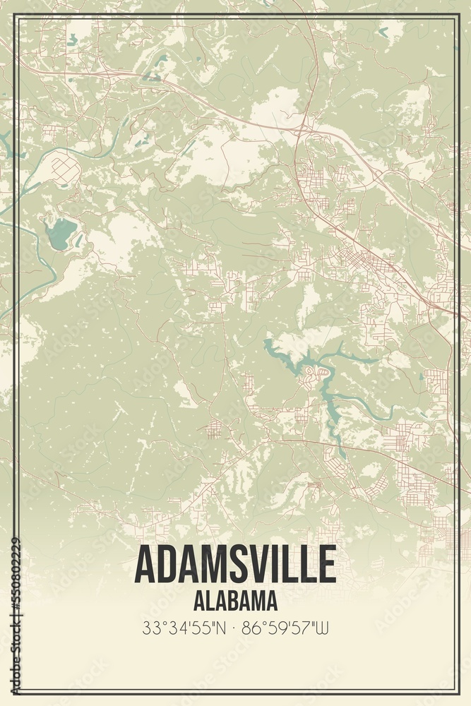 Retro US city map of Adamsville, Alabama. Vintage street map.