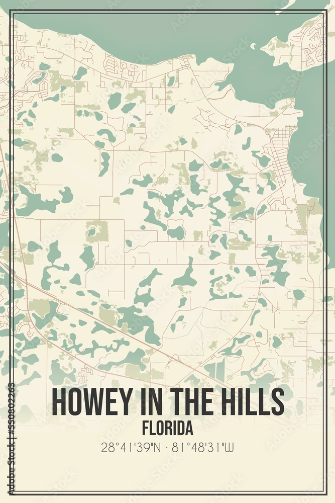 Retro US city map of Howey In The Hills, Florida. Vintage street map.