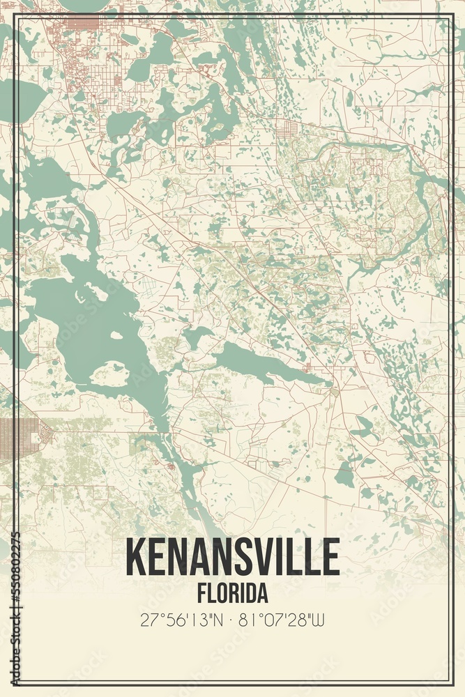 Retro US city map of Kenansville, Florida. Vintage street map.