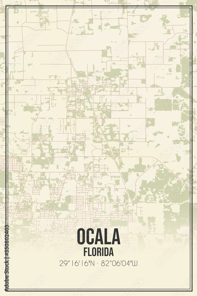 Retro US city map of Ocala, Florida. Vintage street map.